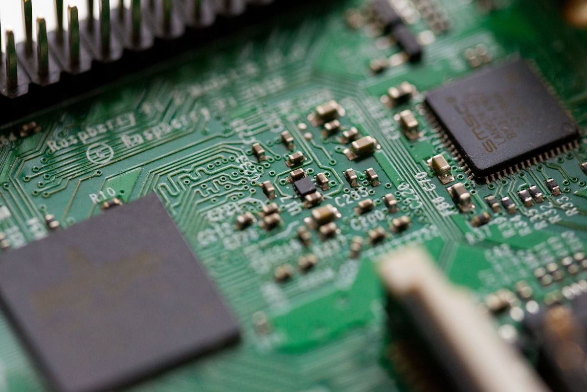 A close-up of a circuit board, the hardware side of the AI stack
